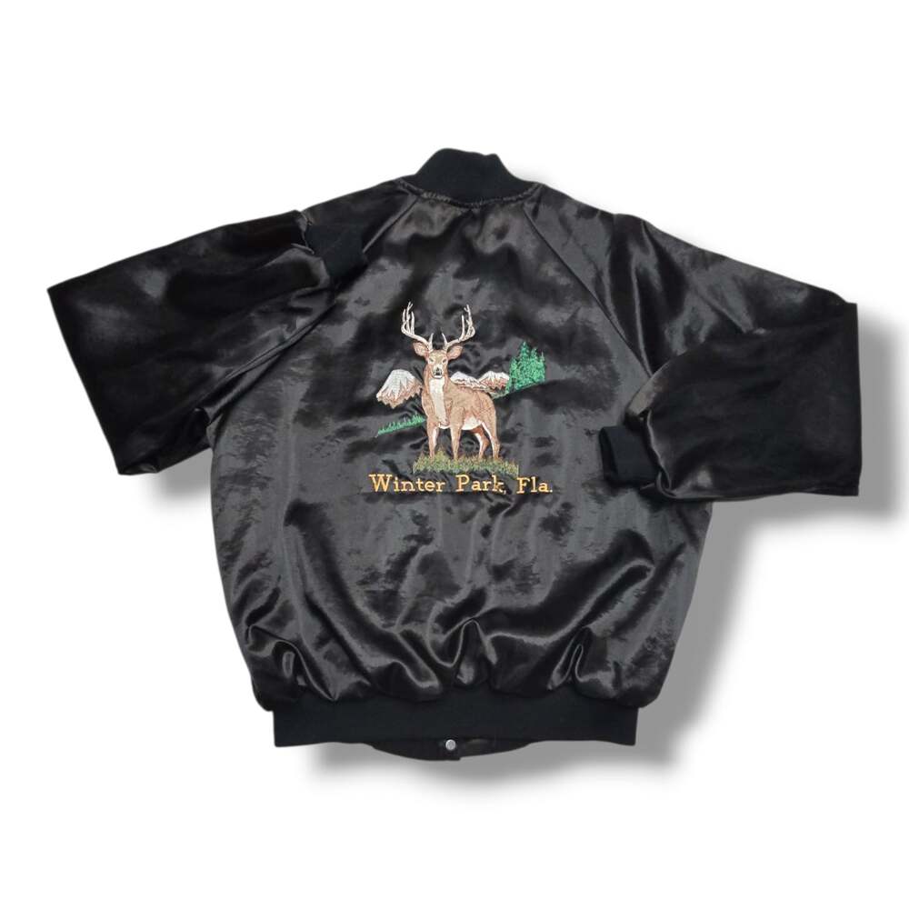 Vintage Black Nylon Bomber Jacket Buck Deer Design Snap Front Sportsmaster L
